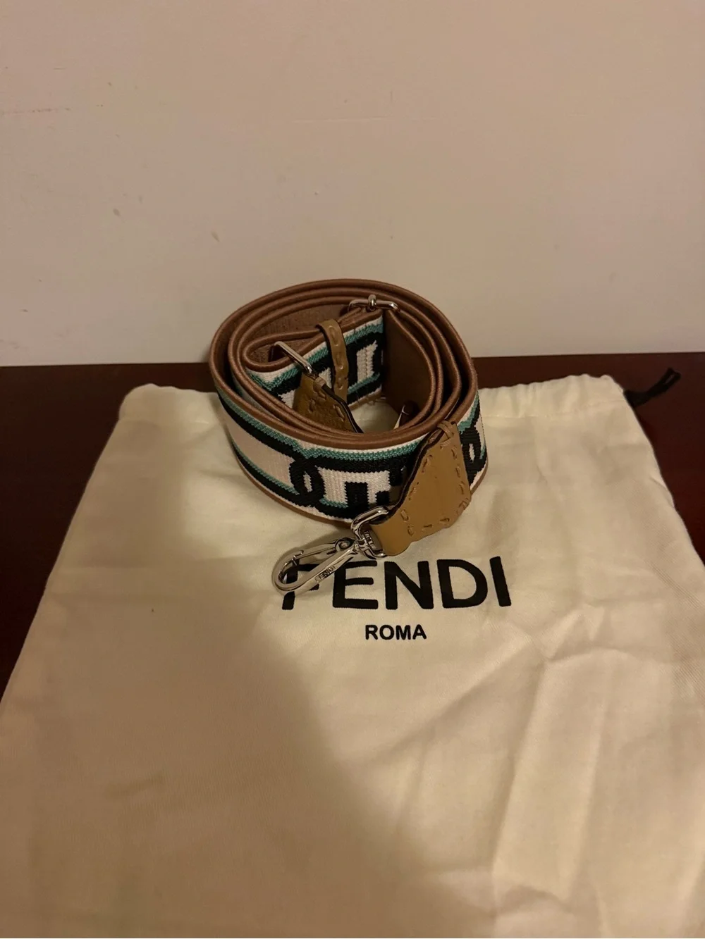 ****Price Firm*** Fendi Black, White & Tan Logo Webbing Strap with Turquoise Acc